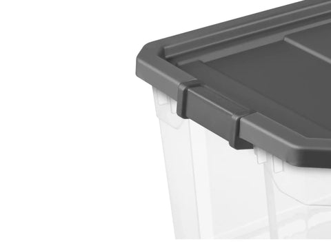 Close-up of 2 Pack 76 Quart Clear Stackable Storage Bins With No Fuss Latch Lids And Dark Gray Covers highlighting durable latch.