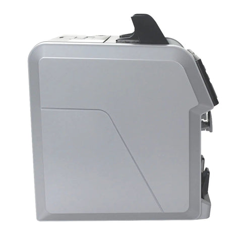 No Sweat Straight Up Fast Money Counter Machine With Bright Touch Screen Multi Currency Bill Sorting And Built In Printer For Legit Busy Retail Shops, side view in silver.