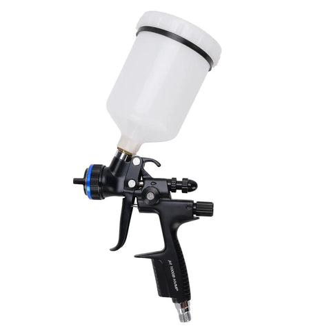 Pro Grade HVLP Paint Sprayer Gun With 600 ml Cup and 1.3 mm Nozzle for Furniture Walls Doors side view with cup visible.