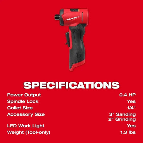 Pro Grade Heavy Hitter Brushless Right Angle Die Grinder With Four Speed Settings And Variable Trigger Plus Built In Led Light Compact M12 Platform Compatible showcasing specifications on red background.