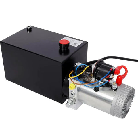 Heavy Duty 12V DC Hydraulic Power Unit With 8 Quart Steel Tank featuring a 3HP motor and hydraulic pump for lifting applications.