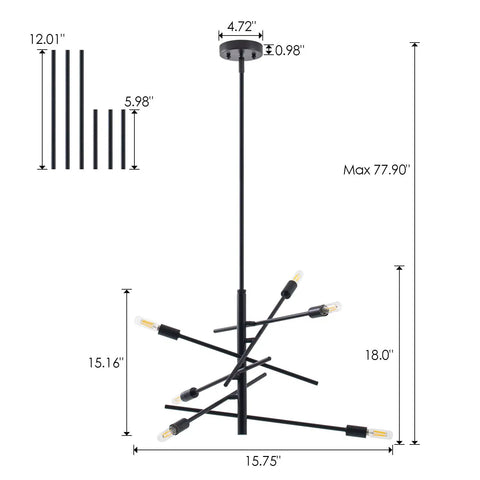 Dimensions of Black Modern Sputnik Chandelier With Adjustable Arms 6 Light Dope Mid Century Ceiling Pendant for dining room.
