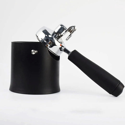 Zero Stress Espresso Knock Box With Shock Absorbent Deep Bowl For Quick Coffee Grounds Cleanup And Solid Tamping Station Setup Perfect For Serious Home Brewers And Everyday Cafe Crews, black ABS bowl with chrome tamper.