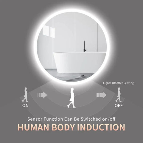 Slick Round 28 Inch LED Bathroom Mirror With Motion Sensor Dimmable Lights Anti Fog IP44 Waterproof Wall Mounted Vanity Mirror