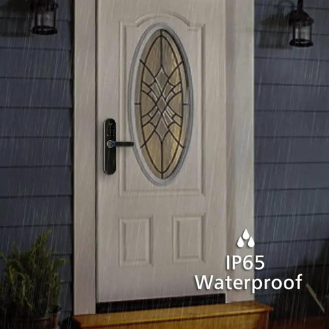 Fingerprint Smart Door Lock Digital Deadbolt With App Password Card Key Entry For Home And Office Security Anti Theft Heavy Duty Frame Hassle Free Setup Top Shelf Protection Weather Resistant Touch Screen on a front door during rain.