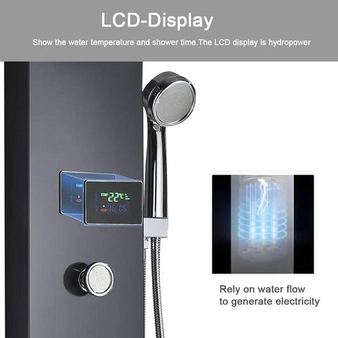 LED Rainfall Shower Panel Tower With Waterfall Handheld Tub Spout And Massage Jets Temperature Display Five Function Spa Upgrade For A Modern Bathroom Makeover With Epic Spa Vibe LCD display