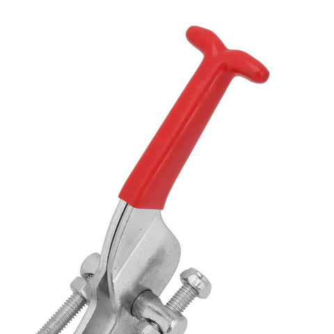 Built Like A Tank Carbon Steel Toggle Clamp With Quick Release Latch Action For Welding Woodworking Jig Assembly Featuring Triangular Gripping Lever Handle 120 Millimeter close-up of the red triangular handle.