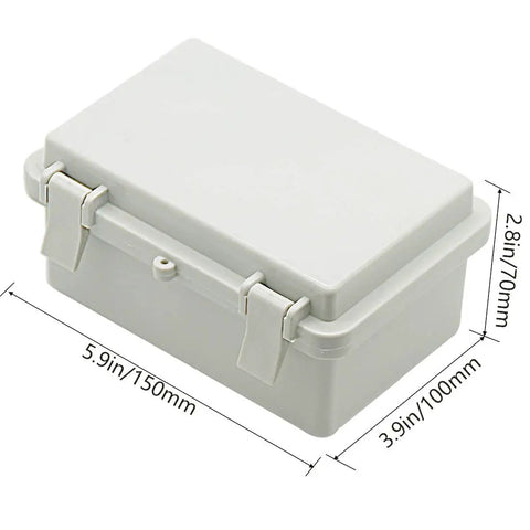 Grey junction box with hinged cover, dimensions marked 150x100x70mm. Material ABS plastic, waterproof design visible.