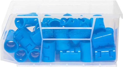 Clear Stackable Storage Bins Set For Garage, Pantry And Craft Room, Heavy-Duty Plastic Organizers holding blue connectors.