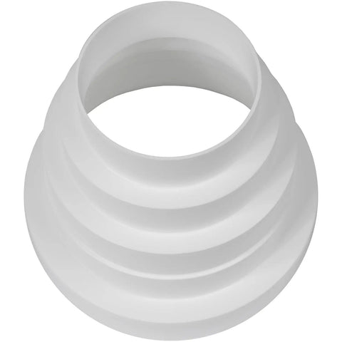 Top view of white 3 to 6 inch duct inline reducer increaser plastic universal connector for vent ducts HVAC vent pipe adapter.