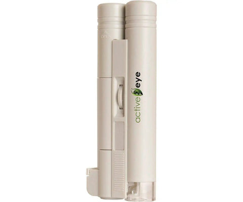 High Power 100x Microscope With Super Bright LED Illumination Includes Two AA Batteries And Compact Case Lightweight For Quick On The Go Pest Disease Or Plant Species ID In The Field. beige handheld field microscope with LED light and focus wheel