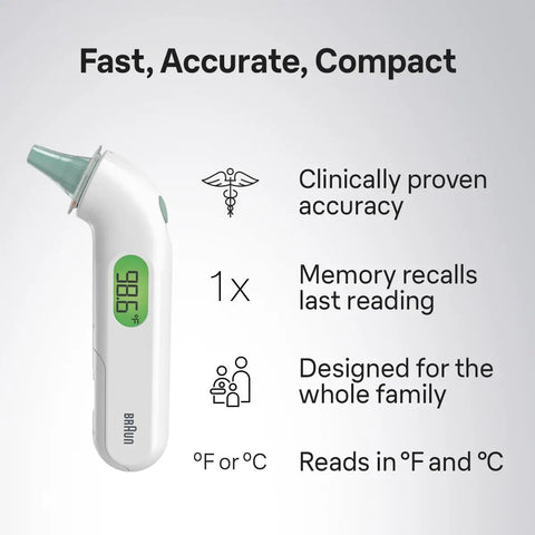 Digital Ear Thermometer For Kids And Adults With Backlit LCD Display, Color Coded Fever Alerts, Beep Indicator, Fast Readings, Gentle In Ear Sensor, Easy To Read Results For Every Age on white body