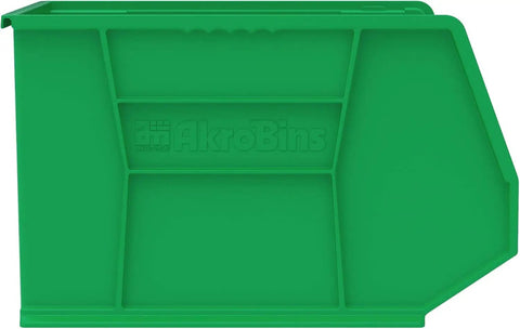 Side view of green plastic storage bin from Green 3 Pack Stackable Plastic Storage Bins Space Saving Organizer For Garage Pantry Closet And Craft Room DIY Ready Heavy Duty 75 LB Capacity 18 By 16 By 11 Inches