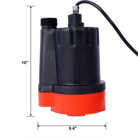 Heavy Duty Quarter Hp Submersible Sump Pump With Solid Grip And 10 Ft Power Cord, 10 inch tall, 6.4 inch wide, compact design.