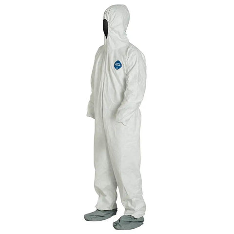 Elastic Cuff Hooded Coveralls With Boots In White X Large 25 Per Carton Durable Protective Disposable Suit For Paint Construction Cleanup Job Site Work Ready Breathable Lightweight Easy On Off