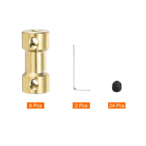 6 Piece Brass Shaft Coupler Set 2.3mm To 5mm Flexible Motor Shaft Connector With Screws And Hex Wrench, product parts displayed