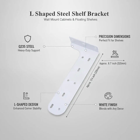 Beefy L Shaped Wall Mount Bracket For Floating Shelves And Cabinets White Q235 Steel Shelf Support dimensions and features