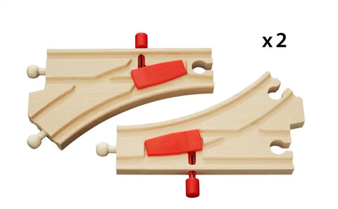 Interactive Mechanical Switches For Wooden Train Tracks 2 Piece Set With Reversible Left Or Right Turns showing track design and connectors
