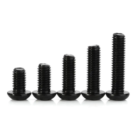 Five M6 button head socket cap screws, alloy steel grade 10.9, allen hex drive, fully threaded, 20mm-40mm for heavy duty projects.
