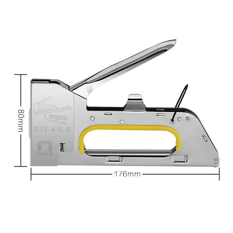 Heavy Duty Industrial Loading Machine Stapler With Adjustable Lever And Push Button Slot For Office Papers Magazines Nails And Hardware Fasteners side view with dimensions 176mm x 80mm.