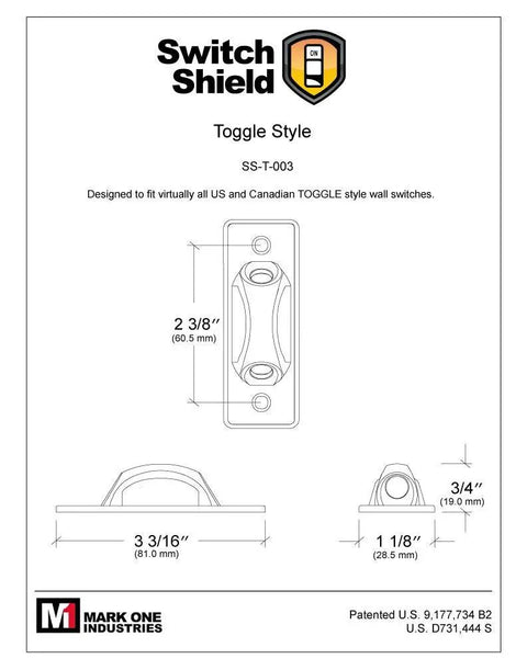 Diagram of Light Switch Guards 3 Pack Toggle Style Kid Proof Safety Covers with dimensions and security level description.