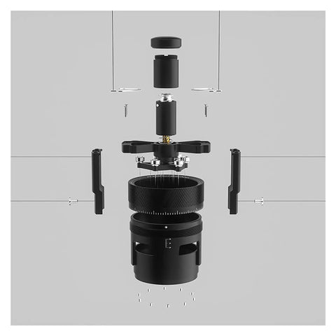 Exploded view of 58Mm Magnetic Wdt Tool, showcasing stainless steel components and magnetic base for coffee grounds distribution.
