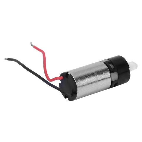 6mm micro DC gear motor with red and black wires, metal body and black end cap, side view