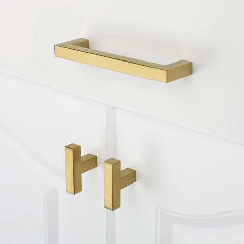Gold Cabinet Pulls 30 Pack Six And One Quarter Inch Brushed Brass Stainless Steel Drawer Handles For Kitchen Or Bathroom Cabinetry Square Modern Hardware on white cabinet