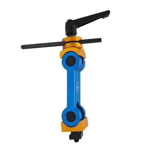 Badass Adjustable CNC Work Stop Positioner Designed For Multi Function Mill And Lathe Operations Super Quick Angle Tweaking tool in blue and gold.