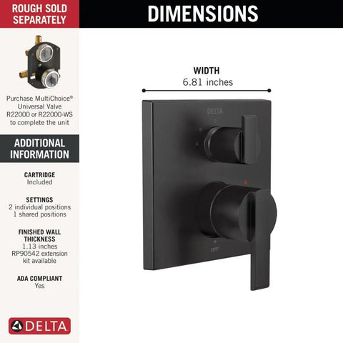 Angular Modern Shower Trim Kit Knockout Matte Black Integrated Diverter showing dimensions and controls for smooth handling plumbing fixtures.