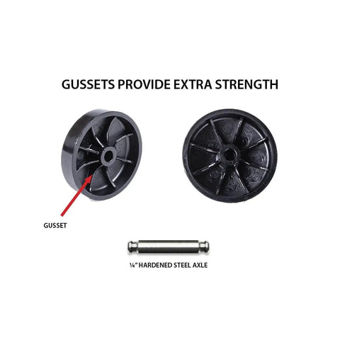 Top Shelf Hooded Twin Wheel Casters 4 Pack 2 Inch Black Nylon And Zinc Plated Steel Heavy Duty 360 Degree Swivel 5 16 Threaded Stem For Rolling Toolboxes And Shop Carts No Sweat image showing casters with gussets and a hardened steel axle.