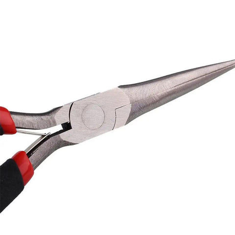 Close-up of Two Pack Extra Long Needle Nose Pliers For Precision Wire Work Six Inch Long Nose Pliers with red PVC handle.