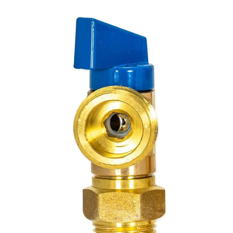 Heavy Duty Brass Washing Machine Shut Off Valve With Blue Quarter Turn Handle For Cold Water Lines half inch mip to three quarter mht outlet box no sweat install.
