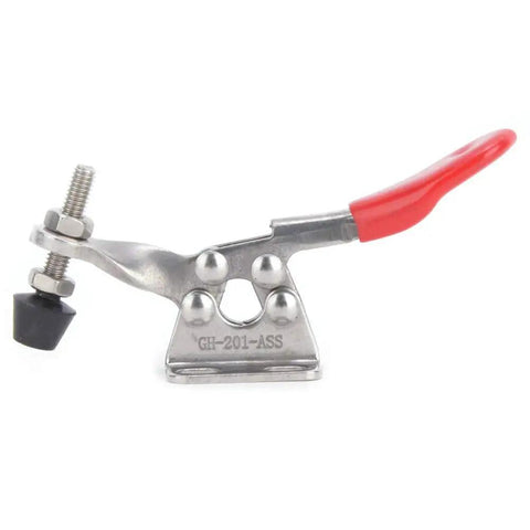 Rock Solid 304 Stainless Steel Toggle Clamp Kit With Snappy Quick Release Action For Welding Jigs And Woodworking Fixtures featuring robust design with a red handle.