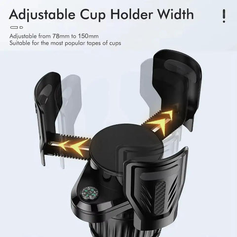 Adjustable cup holder for Road Trip Ready 4 In 1 Rotating Cup Holder For Rivian R1s R2, width 78 to 150mm, black polymer material.