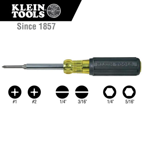 Klein Tools multi-bit screwdriver with interchangeable bits, sizes labeled #1, #2, 1/4", 3/16", 5/16". Black handle.