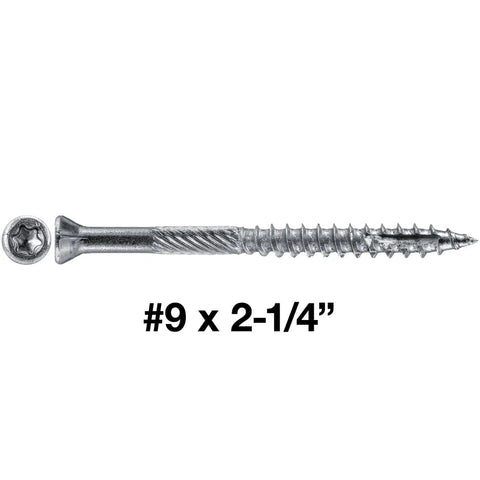 Number Nine By Two And Quarter Inch Stainless Steel Trim Head Wood Screws With Torx Star Drive showing side view and threading details.