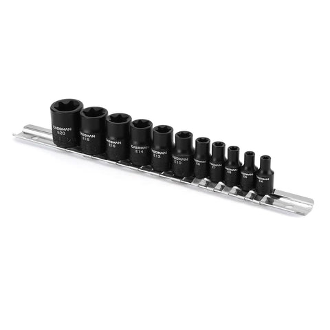Eleven Piece Female Torx Socket Set With E Torx And Star Sockets Pro Grade Heavy Duty One Quarter And Three Eighths Inch Drives