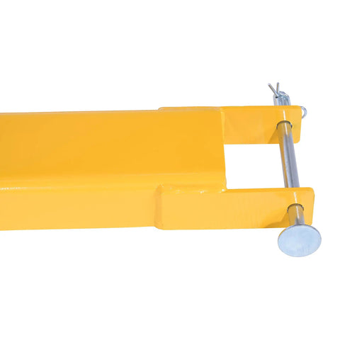 Close-up of Heavy Duty Pin Lock Forklift Extensions Boss Level Steel Bars 4000 Lb Capacity durable yellow attachment with pin.