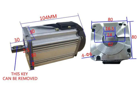 Beefy 450W 110V DC Square BLDC Motor With Hall Sensor 80mm Flange 14mm Shaft 3000 RPM showing dimensions and flange view.
