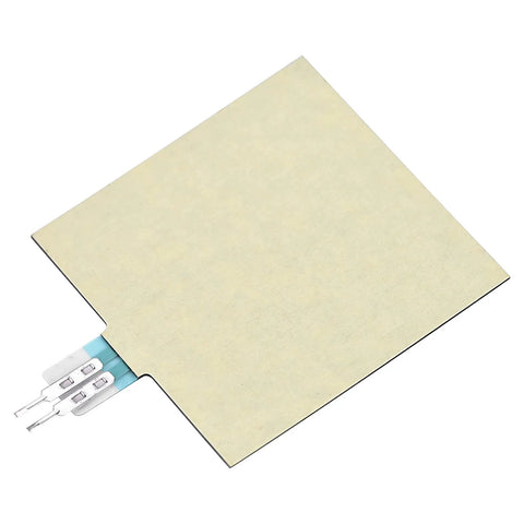 Side view of S40 ST thin Kraftsensor pressure sensor pad; beige square film with teal connectors and metal pins.
