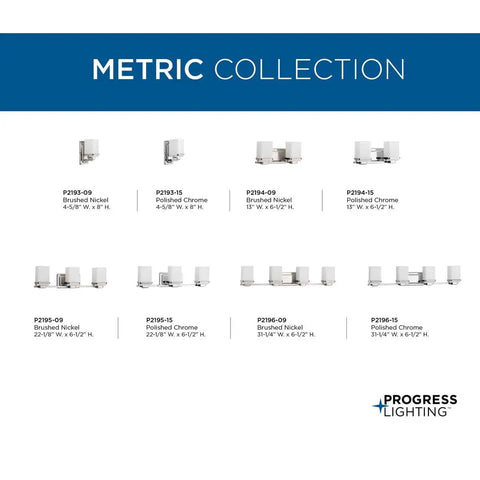 Metric Collection of 2 Light Bathroom Vanity Light in coastal modern style, various sizes and finishes displayed by Progress Lighting.