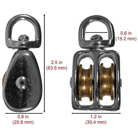 Heavy Duty Swivel Double Wheel Pulley For Quarter Inch Rope Hoisting And Maneuvering Indoors Or Outdoors Built To Last With Premium Steel, Low Friction, 360 Degree Swivel Eye, Weather Resistant And Tangle Free, 2.5 in pulley
