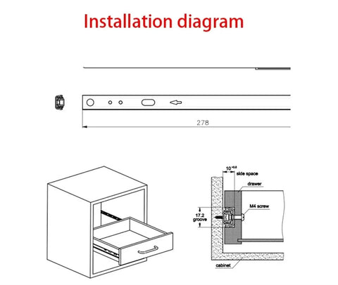 Installation diagram featuring Solid Side Mount Ball Bearing Drawer Slides Two Pack Heavy Gauge Steel Cabinet Runners 11 Inch.