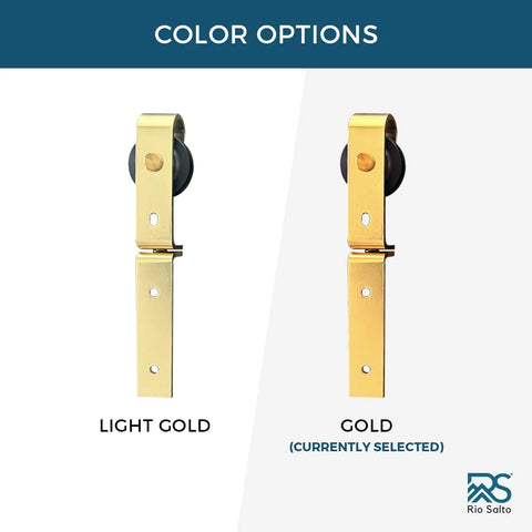 Gold Bi-Fold Barn Door Hardware Kit With Heavy Duty Metal Track System, showing gold and light gold color option rollers.