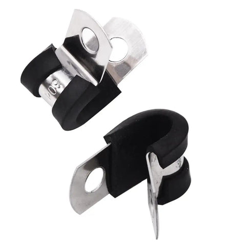 Dang Solid 1/4 Inch 304 Stainless Steel Cable Clamps 100 Pack Heavy Duty Built Ridiculously Tight With Thick Rubber Cushions For Auto Wiring And Hella Reliable Grip, close-up of clamps with rubber cushioning.
