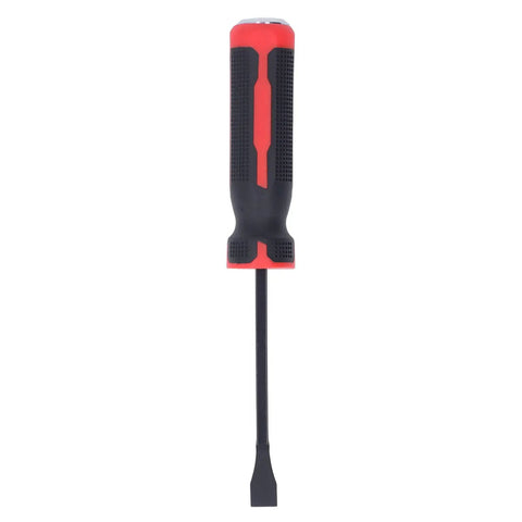 Heavy Duty 8 Inch Pry Bar Set Featuring Curved Hook Head And Integrated Strike Hammer End With Chunky Plastic Grip For Demanding Auto Repair And Knuckle Busting Mechanical Tasks That Get Leverage Worked Easy, showing red and black anti-slip grip.