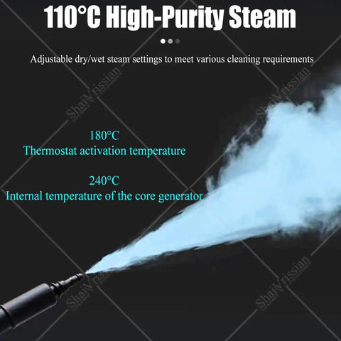 Model showing high-purity steam from Heavy-Duty 3000W Professional Steam Cleaner With 3.5 Gallon Tank.