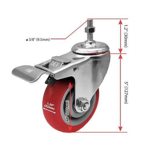 Smooth Cruising 4 Inch Red Polyurethane Caster Wheels With Dual Locking Brakes And Threaded Stem Mount Built Tough For Heavy Loads Totally Silent Non Marking Rollers Pack Of Four close-up showing 4 inch wheel and locking mechanism.