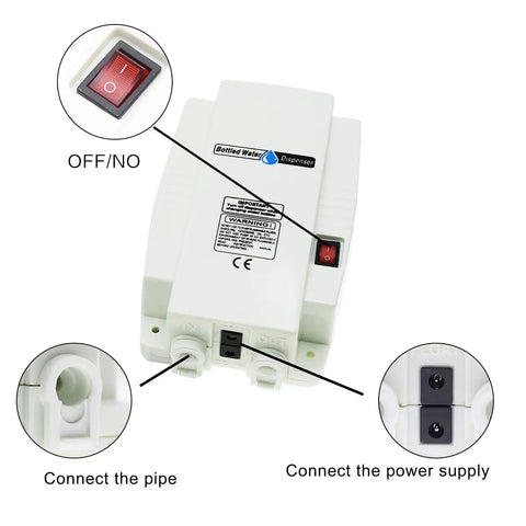 5 Gallon Bottled Water Pump System with 25W Electric Dispenser showing power switch and connection ports